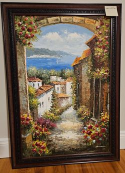 Framed Mediterranean Village Oil Painting
