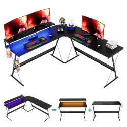 L-Shaped LED Gaming Desk W Monitor Stand 