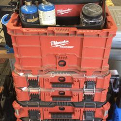 MILWAUKEE PACKOUT ROLLING STORAGE WITH PLUMBING FITTINGS  AND CONTRACTOR TOOLS