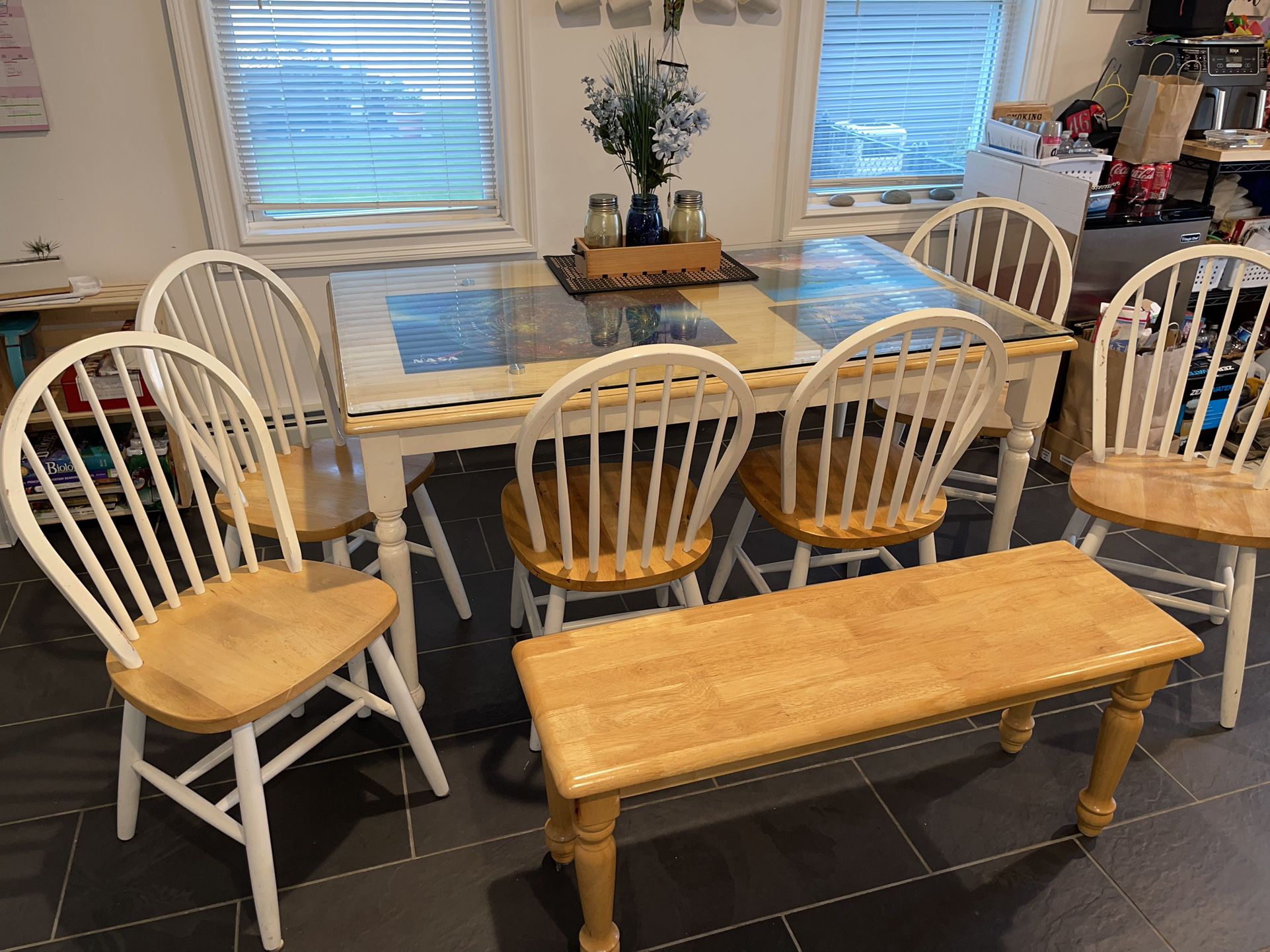 Dining Table Set / 6 Seats Plus Bench / Glass Top