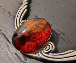 Baltic Amber Cognac Sterling Silver Necklace, Scroll 925 Setting, Mid-century