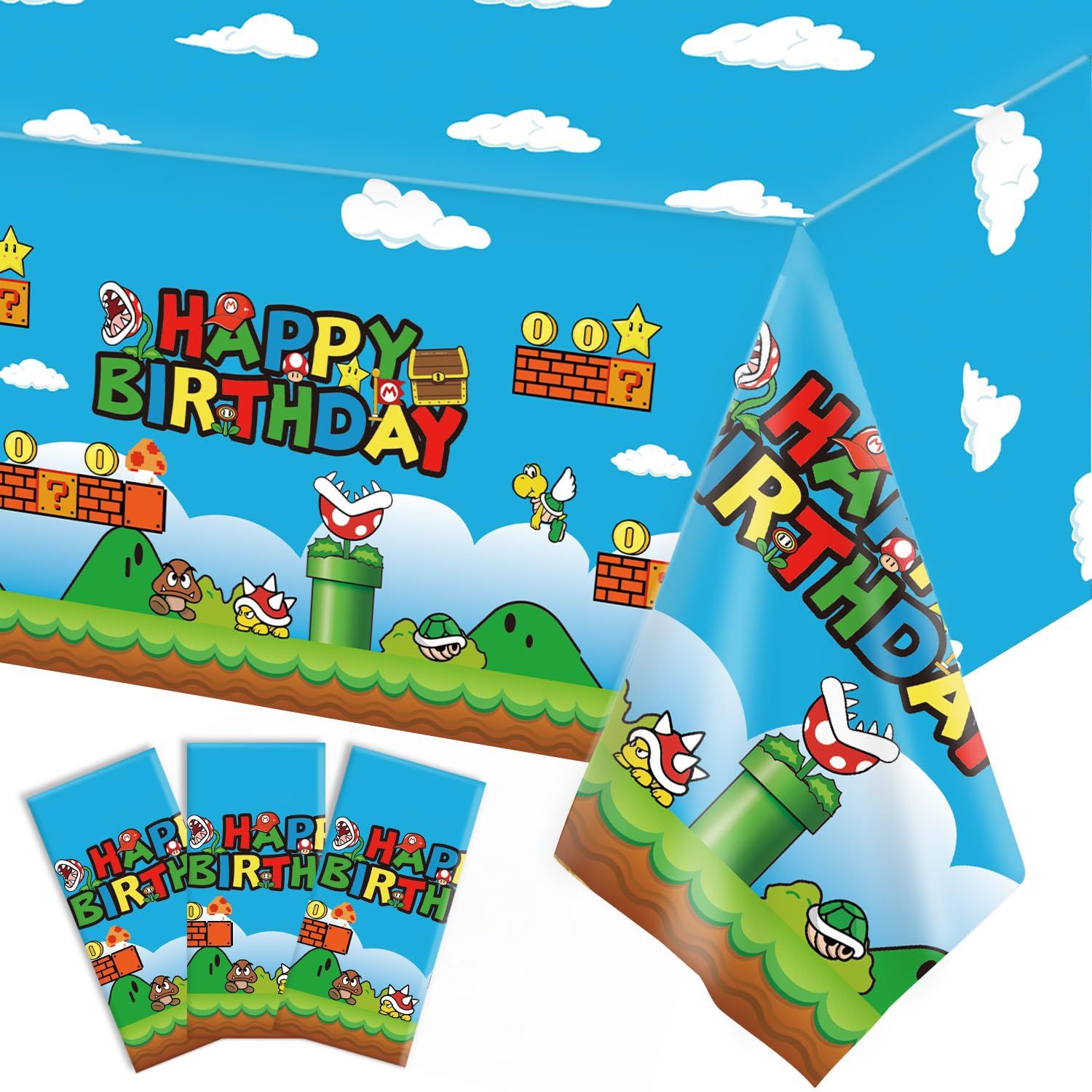 NEW — 3 PCS Party Tablecloth, Plastic Disposable Video Games Table Cover for Super Mario Video Games Birthday Party Decorations Supplies, 108in x 54in