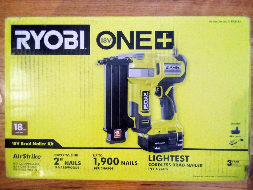 Ryobi ONE+HP 18V 18 Gauge Cordless AirStrike Brad Nailer with 4.0Ah Battery & Charger