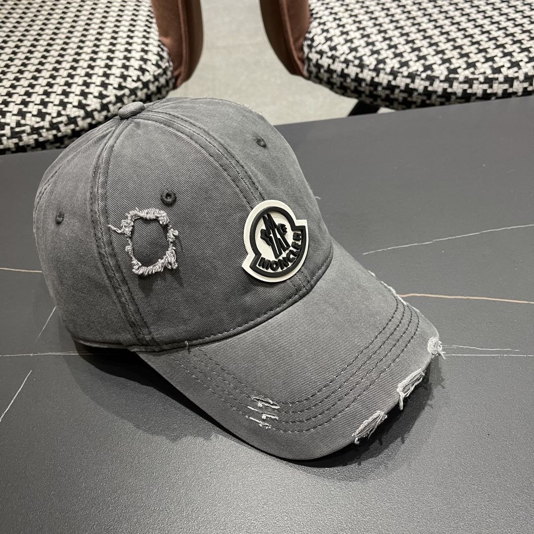Moncler Grey Denim Distressed Baseball Cap With Logo Patch