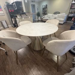 Modern Round White Marble Dining Table with Gold Pedestal Base + 4 White Boucle Chairs - Seats 4