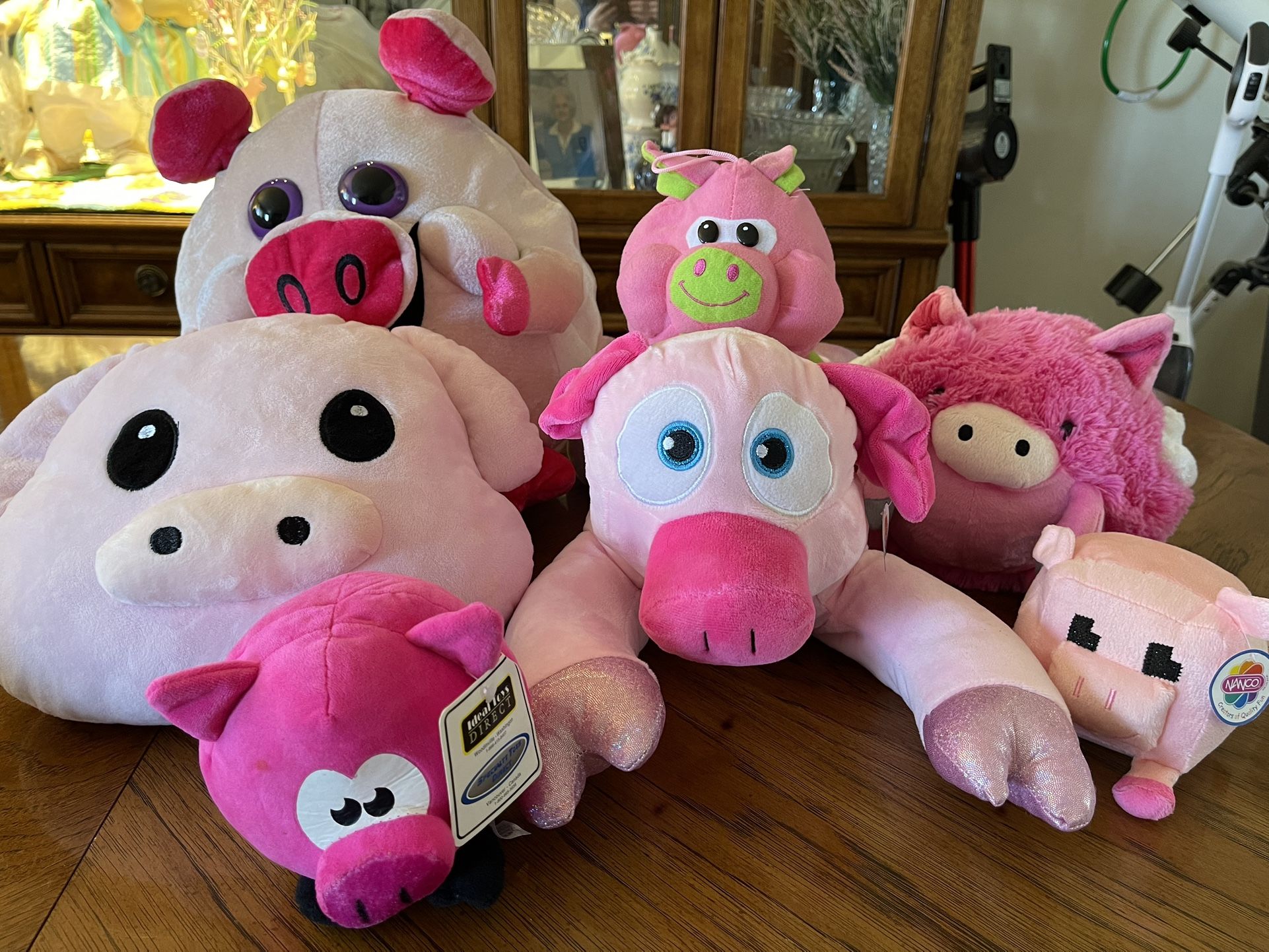 Adorable Pig Collection of 6 Stuffed Animals and One Pillow All in Very Nice Condition
