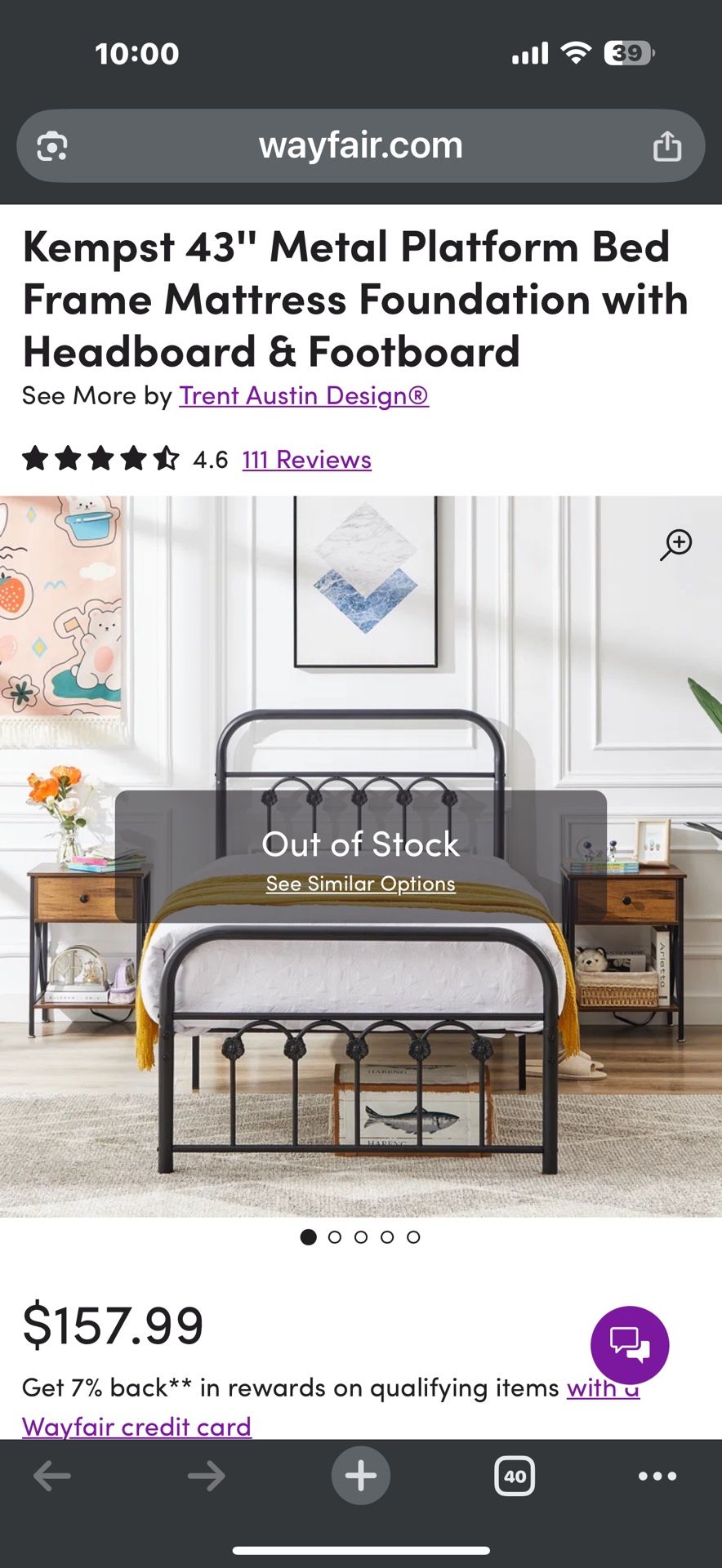 Kempst 43" Metal Platform Bed Frame Mattress Foundation with Headboard & Footboard