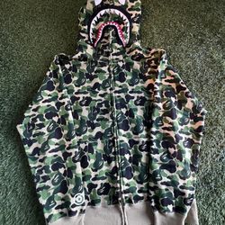 Bape Green Camo Shark Separate Full Zip Hoodie Size XL