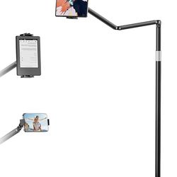 (101010-3) New...Tablet Floor Stand with 10.6 LB Heavy Metal Base, Adjustable Height Stretchable Arm Overhead Bed Phone Stand, Compatible with iPad mi