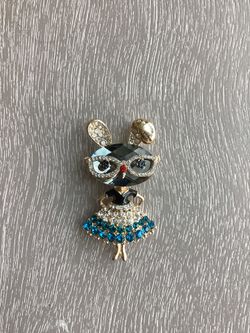 Precious New GoldenToned W/ White & Light Green Rhinestone, Faceted Light Grey Stone & Black Enamel Bunny W/ Glasses Brooch