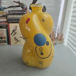Vtg 1990's Large Hand Painted Miro Style Yellow Bulbous Vase Abstract Designs 13.5 inches tall