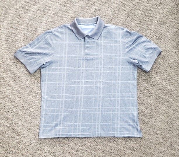 Mens Grey Plaid Polo Shirt Size L/XL