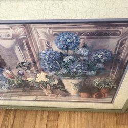 Beautiful Floral Home Interior Print Signed By The Artist Linda Wacater In Frame In Great Condition , Gorgeous Olive Green Frame