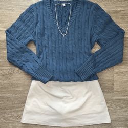 Blue Cable-Knit V-Neck Sweater