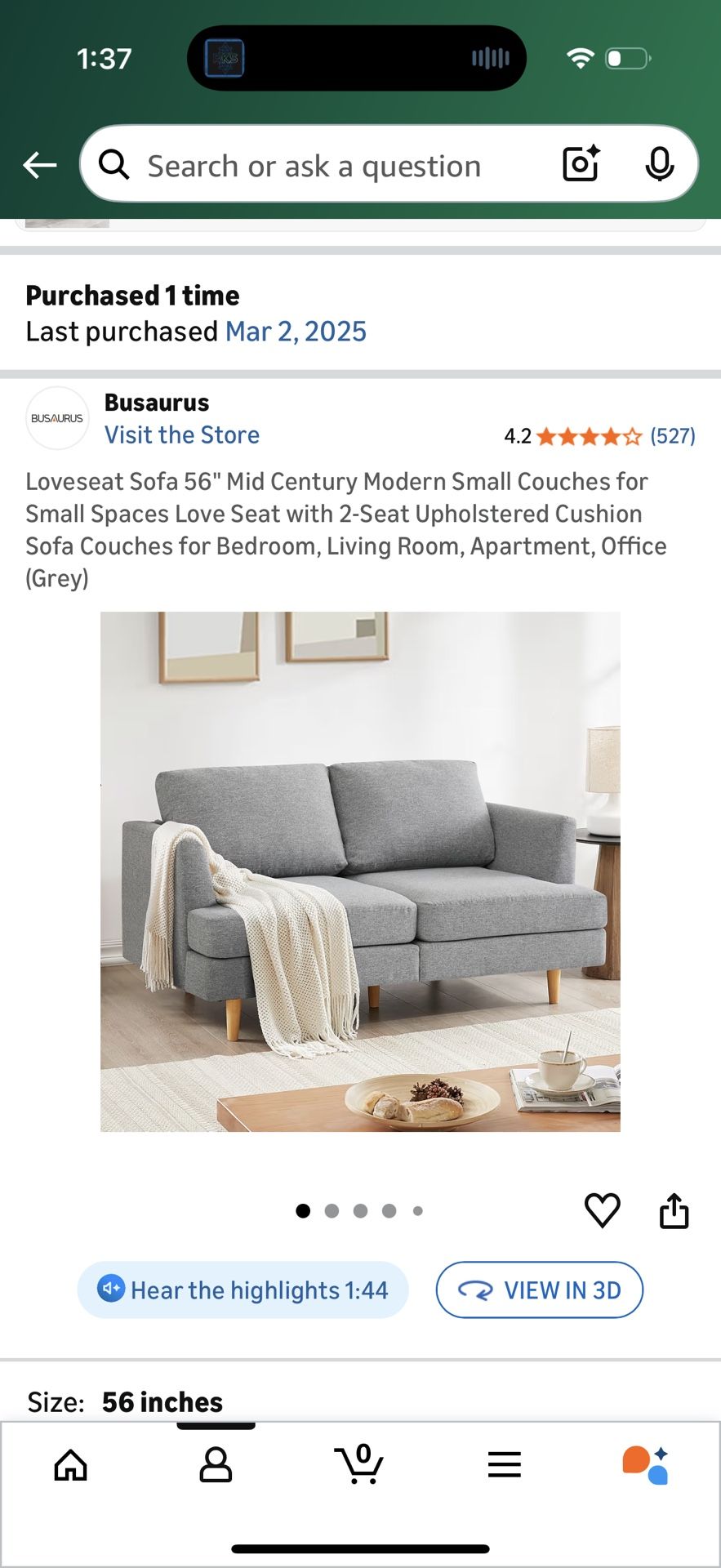 Loveseat Sofa 56" Mid Century Modern