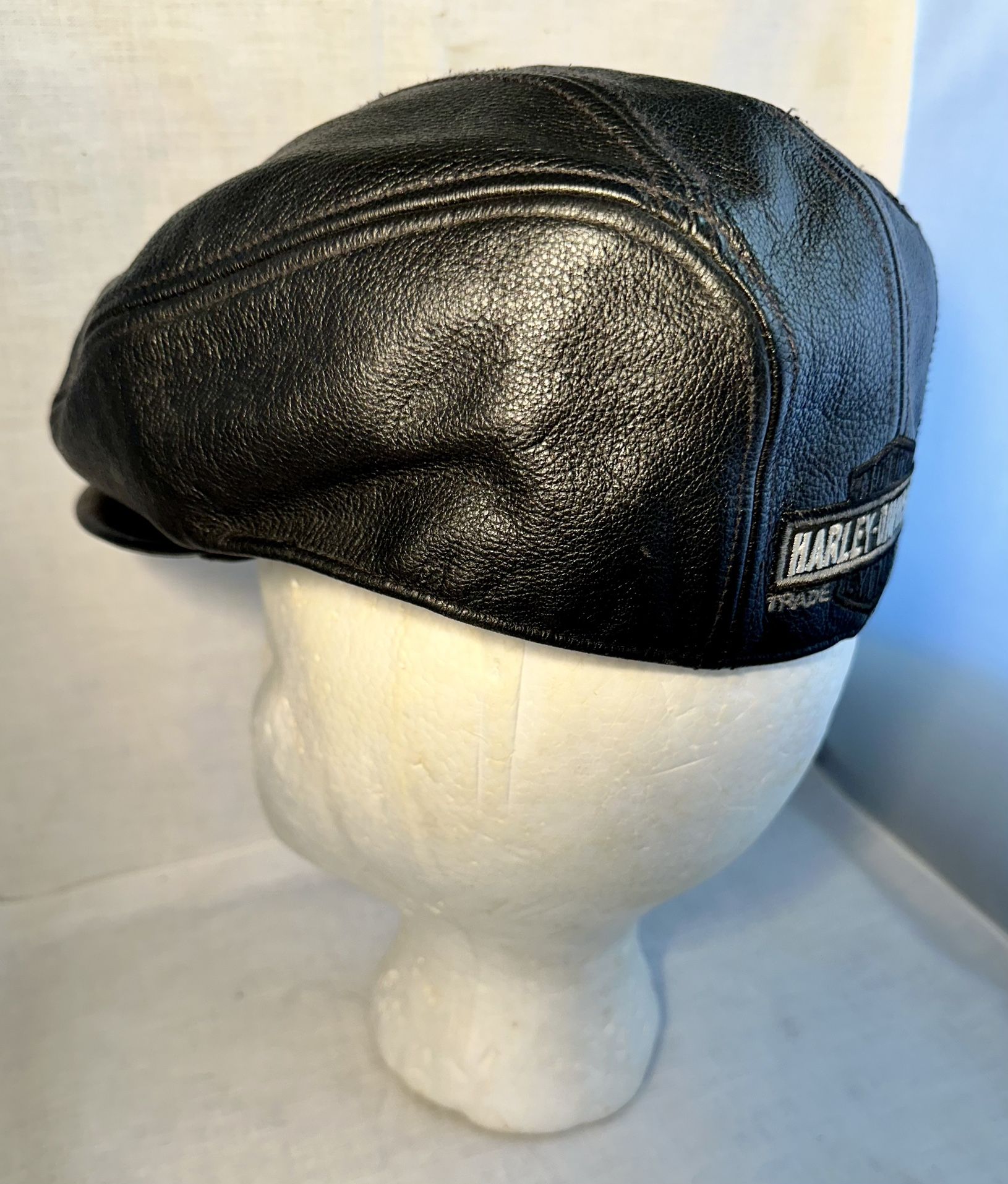 Harley Davidson Patented Black Leather Hat Newsboy Cabbie 
