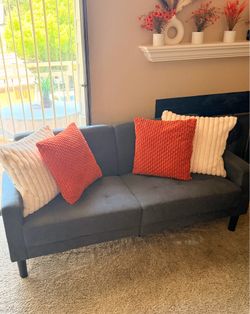 Gray Loveseat with Pillows & Home Decor