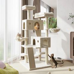 Large Cat Tree and Tower Condo for Indoor Cats with 2 Scratching Boards, Hammock & Post, Beige
