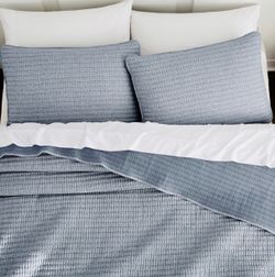 New WDCOZY Chambray Blue Queen Size Pick Stitch Quilt Set Lightweight Bedspread Bedding
