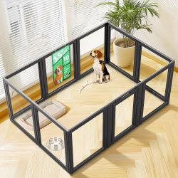 FXW AuraSpace Clear Acrylic Indoor Dog Playpen, 35" H, 10 Panels, Black Open View, Modern Home Fit, No Climbing Bars, Tool-Free Setup, For Medium Dogs