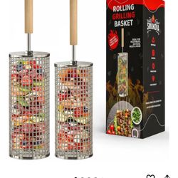 Rolling Grill Basket for Veggies (2 PCS) | 304 Stainless Steel Grill Baskets for Outdoor Grill with Removable Wooden Handle | BBQ Baskets for Grilling