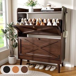 Shoe Cabinet with 2 Flip Drawers, Open Shelf Design – Freestanding Storage Organizer for Entryway, Hall, Closet, Dorm Room, Rust Brown