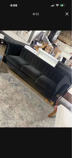 82.67"Velvet Chesterfield Sofa, 3-Seater with Vertical Tufting, Gold Legs and 2 Pillows - Black