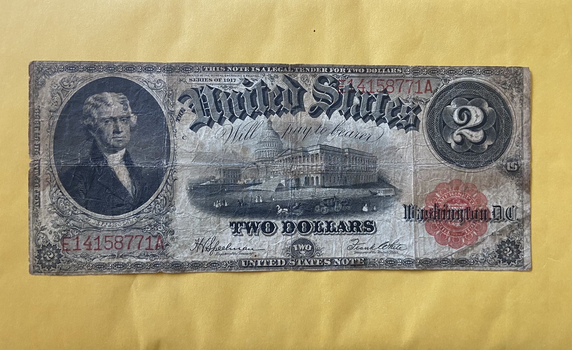 1917 $2 Dollar Bill Large Size Two Red Seal Legal Tender Antique