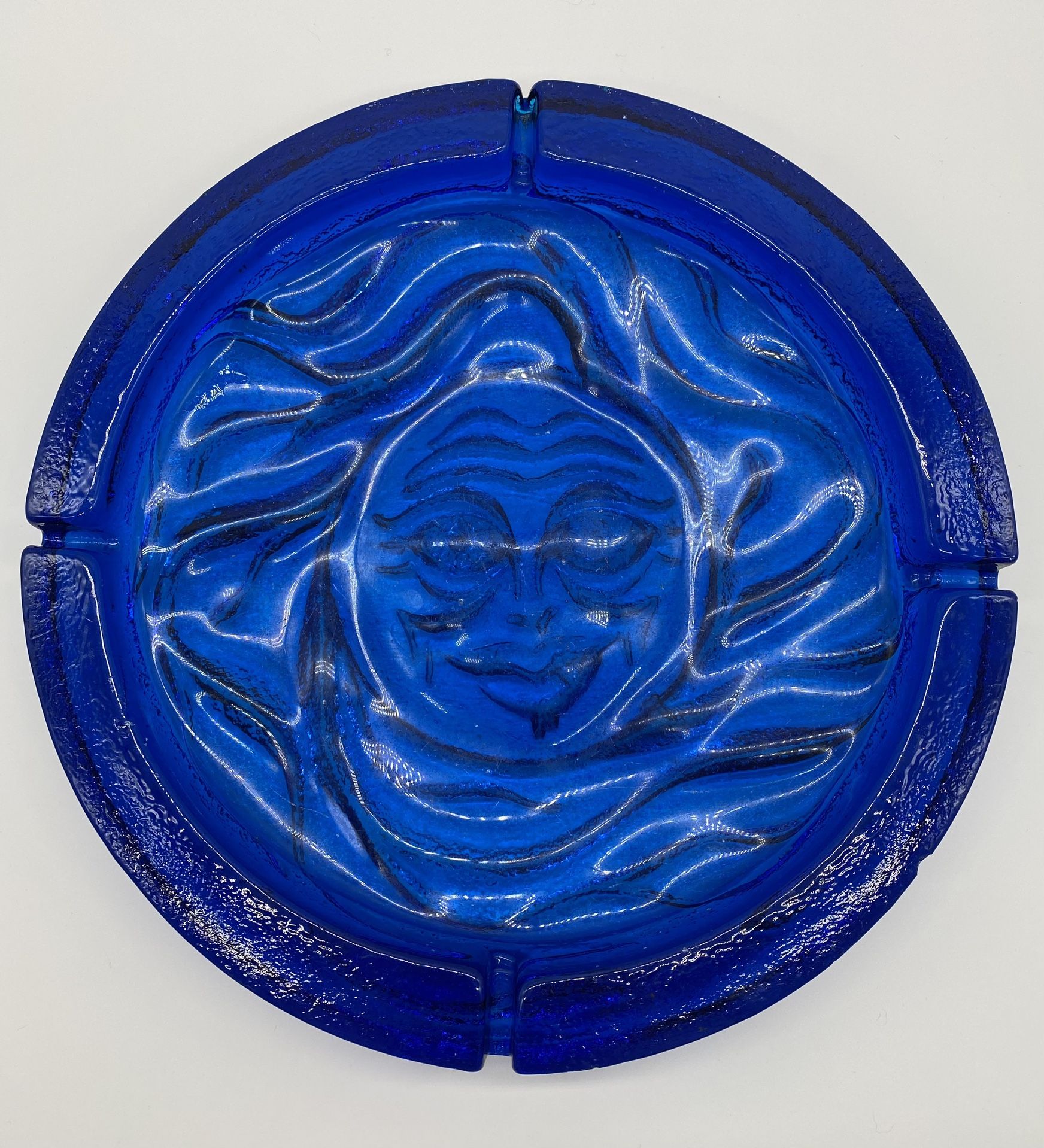Vintage Blenko Glass 734 Sun Face Ashtray Cobalt Blue