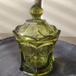Vintage Fostoria Coin Glass Olive Green Candy Dish With Lid