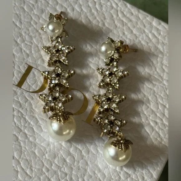 Dior Silver and White Crystal Drop Earrings