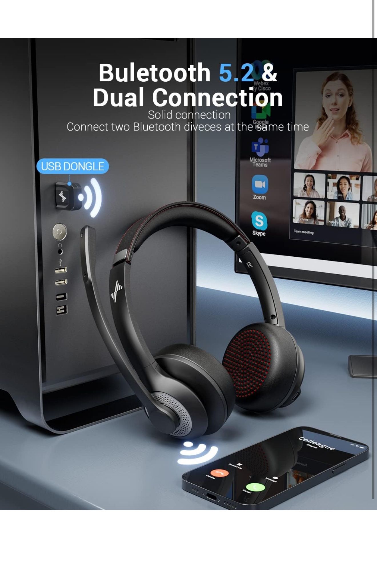 Wireless Headset with AI Noise Cancelling Microphone Bluetooth Headset - Bluetooth V5.2 Headphones