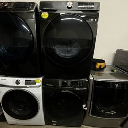 SAMSUNG BLACK STAINLESS STEEL WASHER AND GAS DRYER