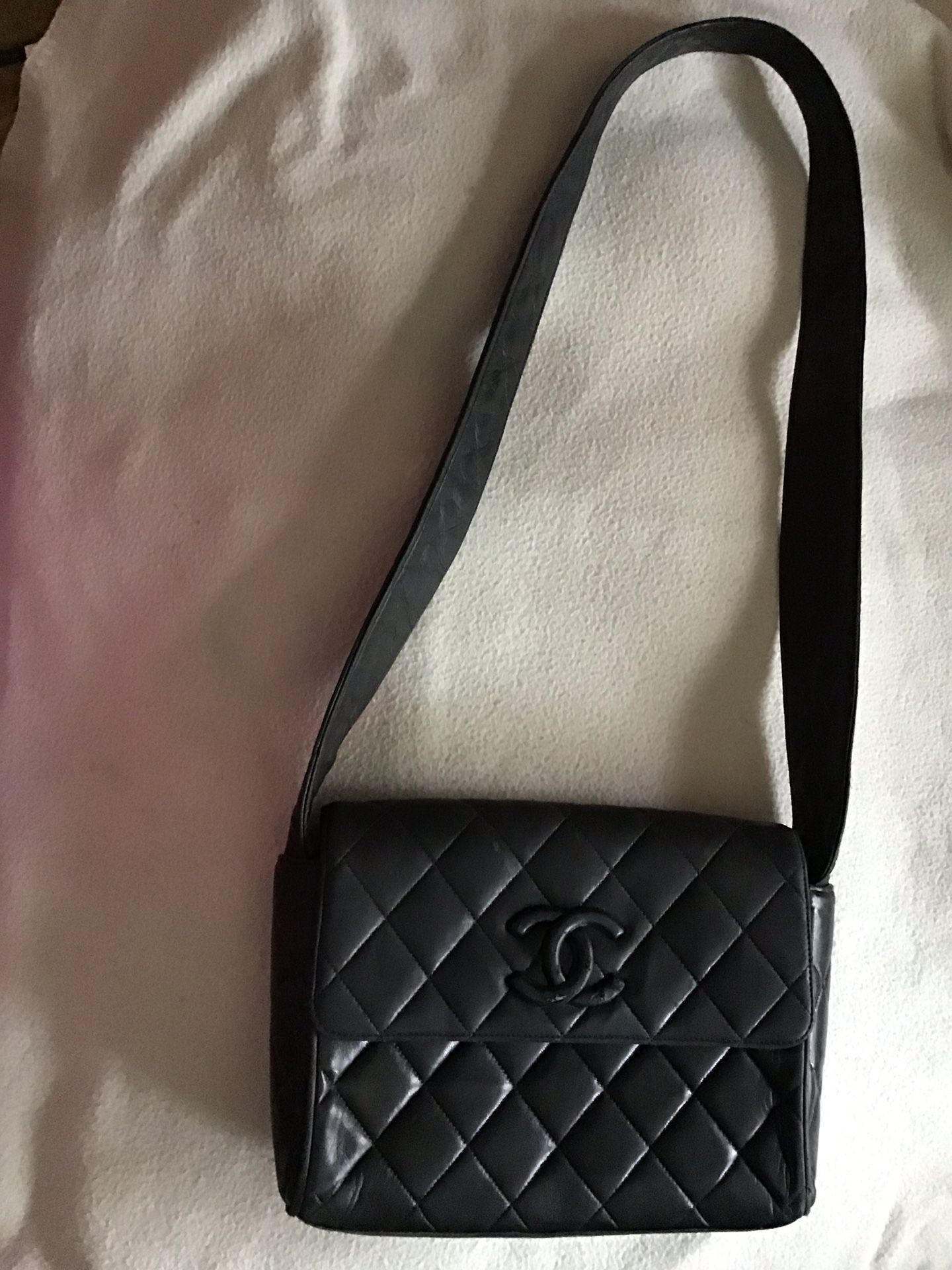 Authentic Vintage CHANEL Mini Black Quilted Leather Wide Strip Shoulder Bag , Chanel Purse