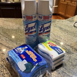NEW Lysol Disinfectant Spray (2) + Sponge Bundle 