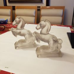 Vintage Frosted Glass 7" Horse Bookends 