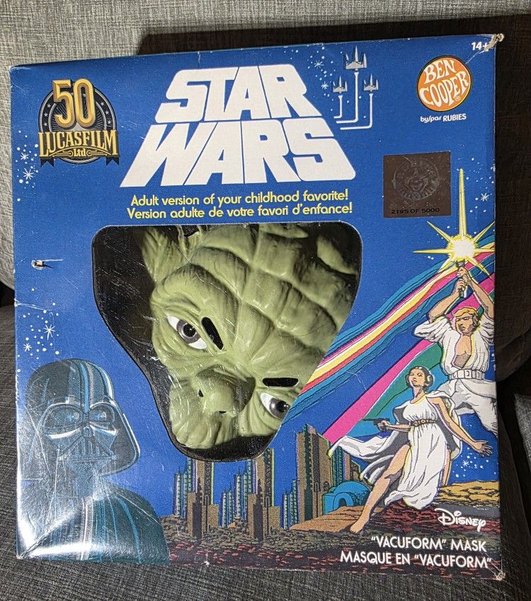 Ben Cooper Star Wars Yoda "Vacuform" Mask, an adult costume kit celebrating the 50th anniversary of Lucasfilm.