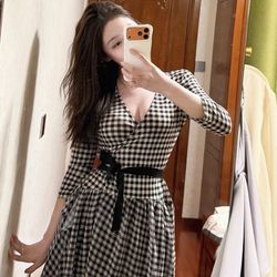 Timeless Black & White Check Wrap Dress – Flattering Waist-Tie, 3/4 Sleeves, Stretchy Slim-Fit Silhouette