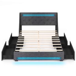 Bed Frame With Led Lights & Charging Station Upholstered Platform Bed
