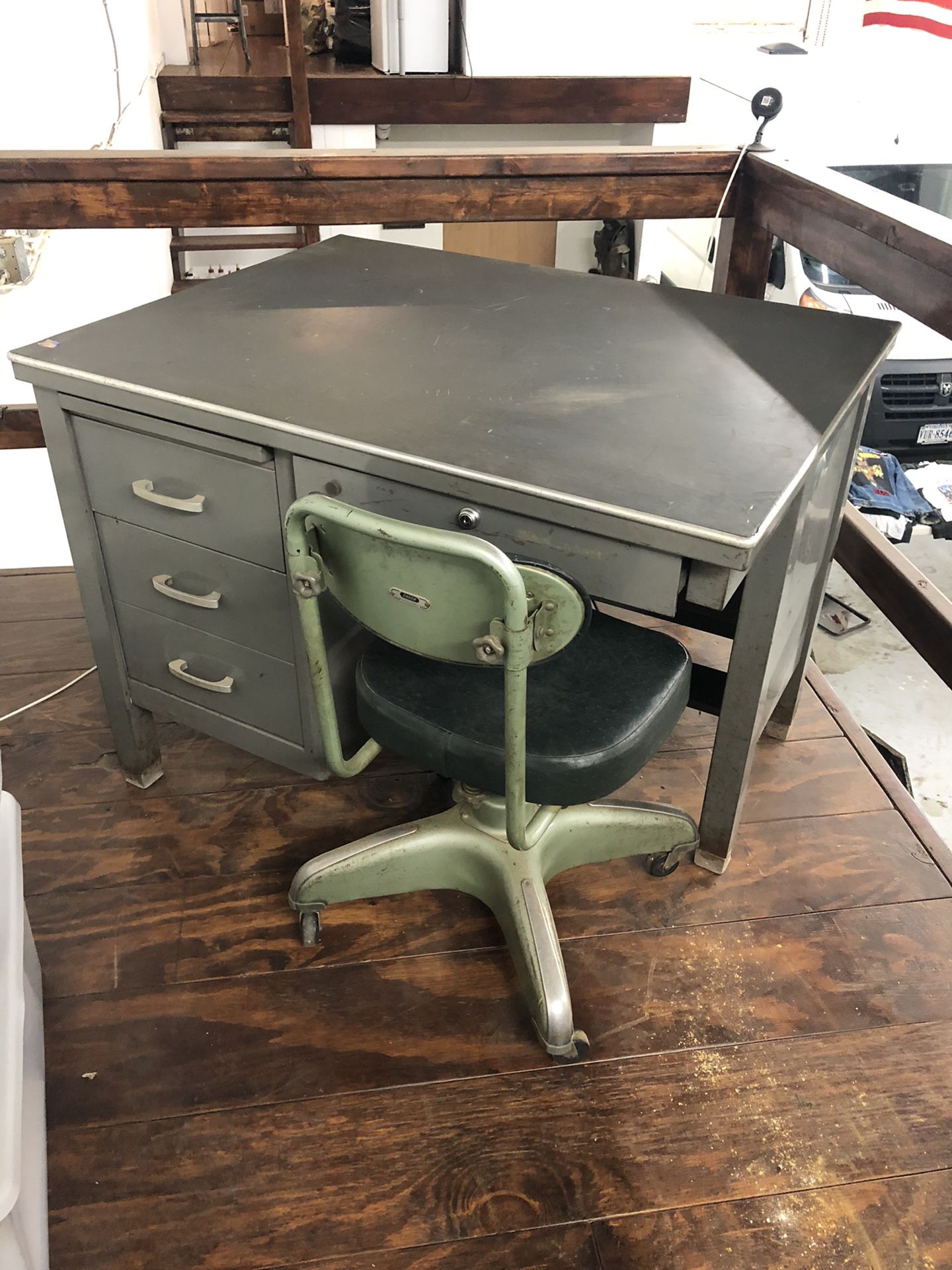 Vintage Antique Industrial Desk and Chair Factory Machine Age Eames