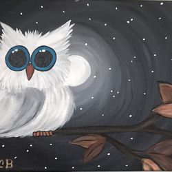 Hand Painted White Owl In the moonlight  8” X10” Canvas