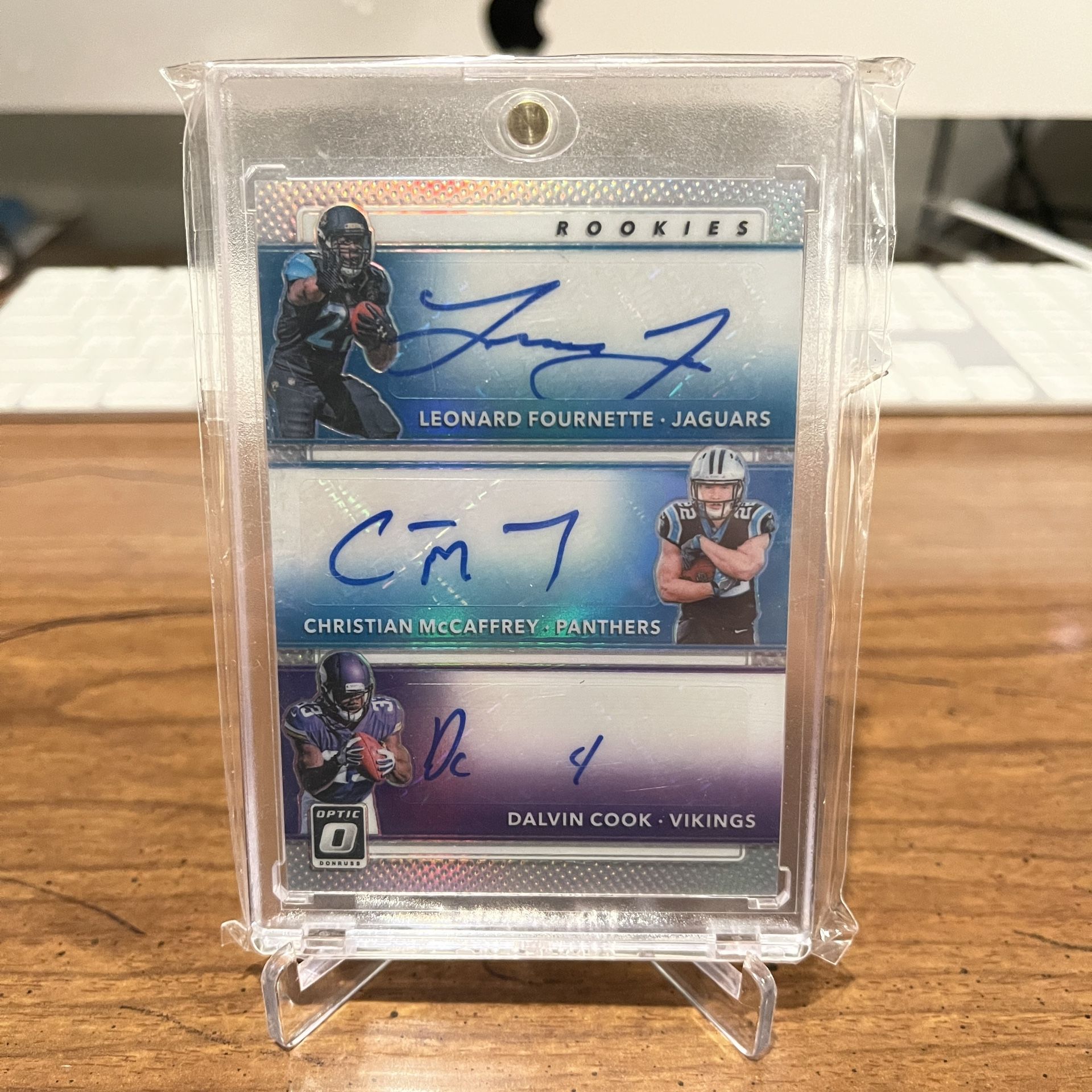 Leonard Fournette, Dalvin Cook, Christian McCaffrey Triple Auto 2017 Optic /20