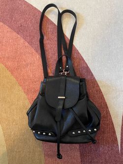 Edge Studded Black Italian Leather Mini Backpack with drawstrings and adjustable straps