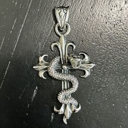 Vintage Cross Pendant Snake Silver 925 Gothic Charm Large Fangs