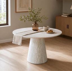 45” Round Faux Travertine Pedestal Dining Table