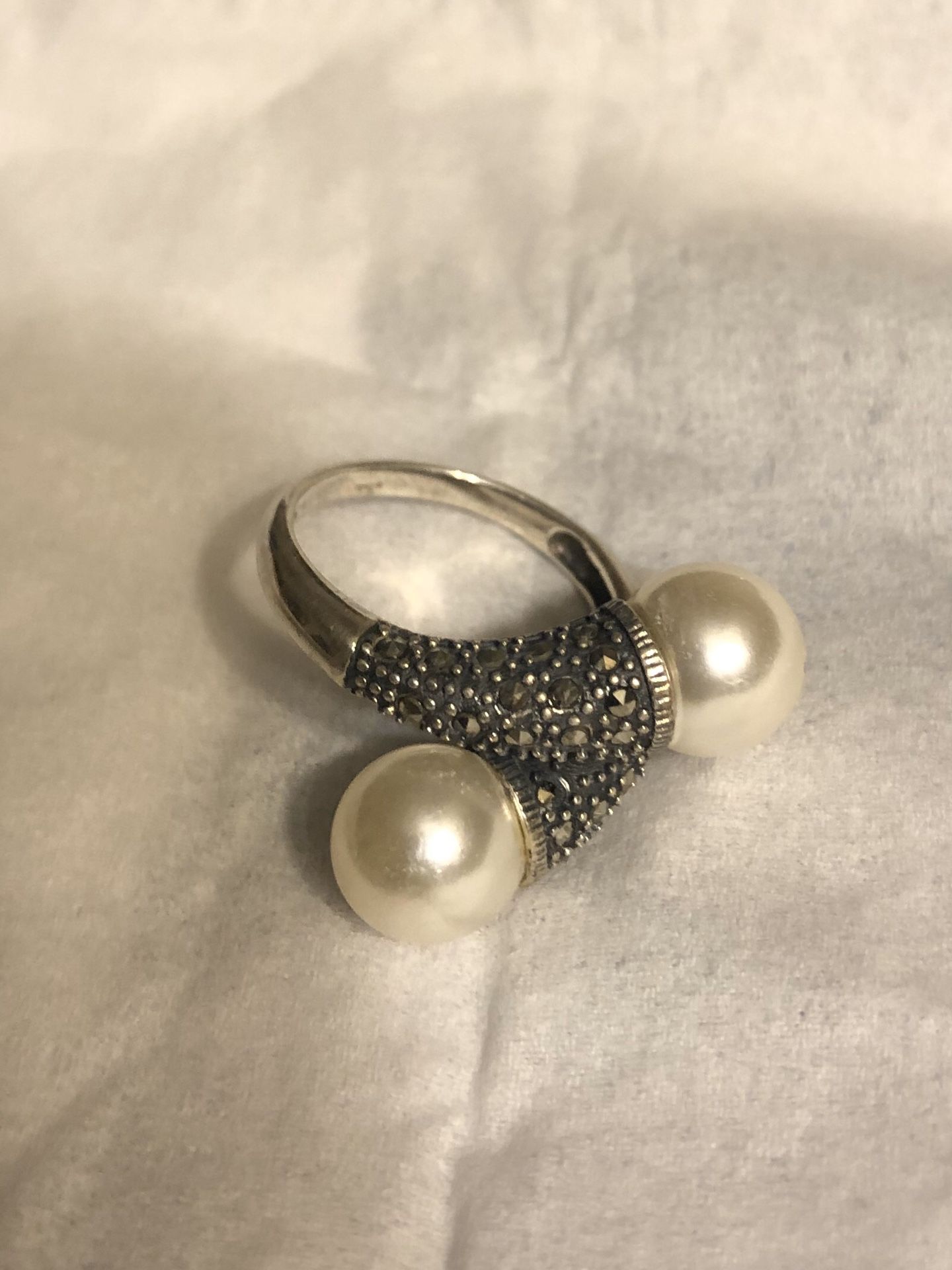 Pearl-Marcasite-Silver Ring Sz 9