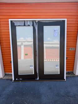 JELD-WEN Impact 72-in x 80-in x 4-9/16-in Jamb Black Steel Left-hand inswing French Patio Door with Low-E Glass with Blin...