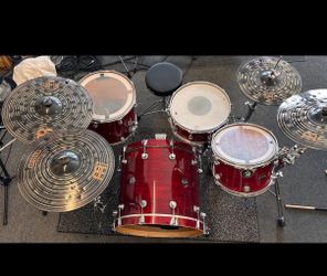 Meinl Cymbals, cymbal stands, throne, and bass pedal