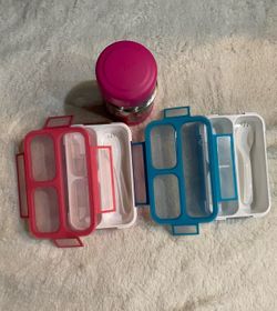 Bundle (3)Thermos Kids Lunch Set Bundle – 2 Bento Lunch Boxes with Utensils & Shopkins Insulated Food Jar – Pink & Blue