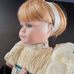 1990s porcelain doll flower linen dress blue eyes 15 inch tall girl blonde